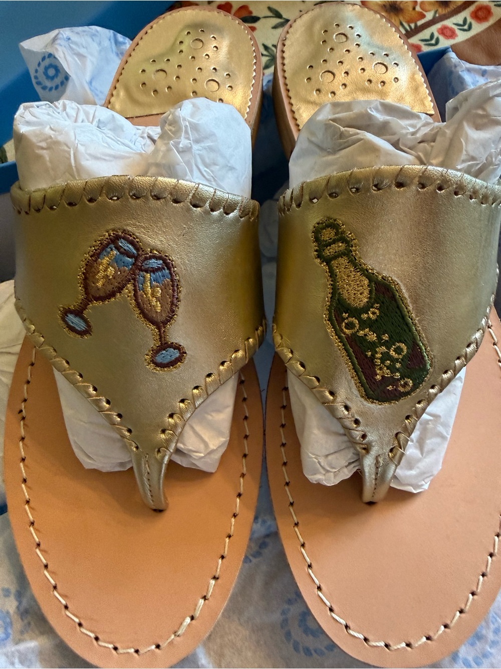 Jack Rogers Gold Leather Sandal with Champagne & Glass Embroidery